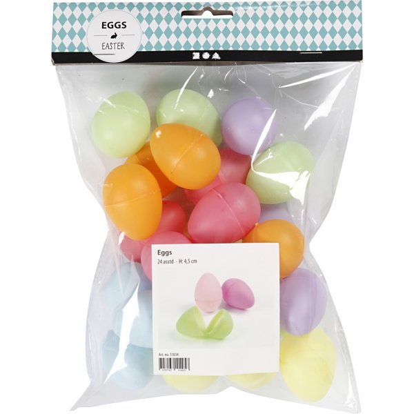 Oeufs en plastique - 2 parties - couleurs pastel - H4,5 cm - 24 pcs