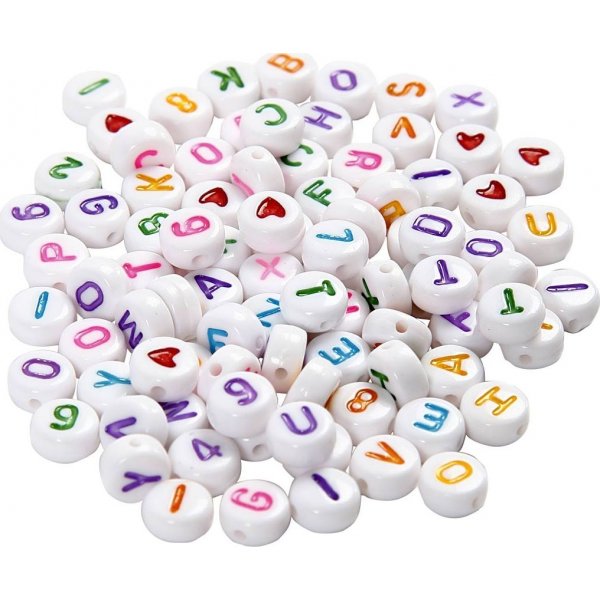 Perles lettres - Blanc/couleurs mlanges - 7 mm - env.