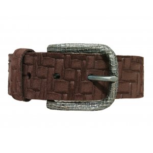 Ceinture femme en cuir de vachette fa�on croco - Marron - 90 cm