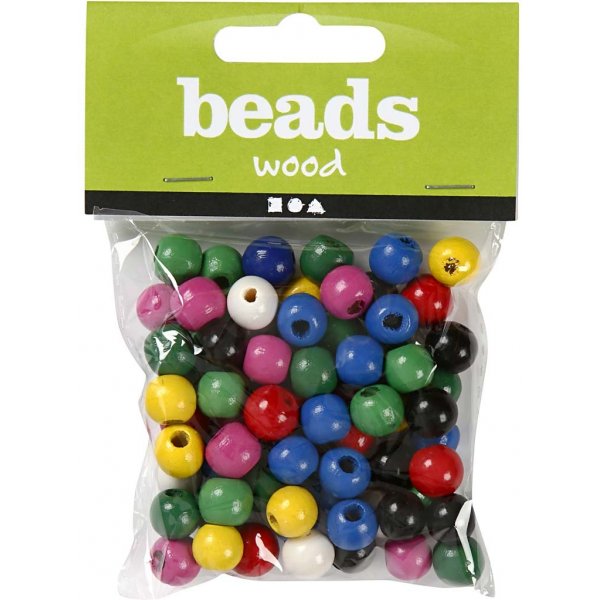Perles en bois - rondes - couleurs mlanges - 22 g