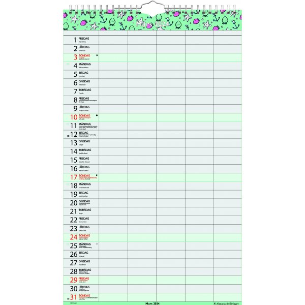 Calendrier mural familial - 5 colonnes - Almanacksfrlaget