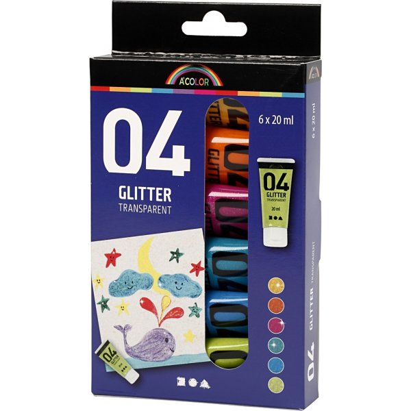 Peinture scolaire - Acrylique - Paillettes - couleurs mlanges - 6 x 20 ml