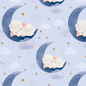 Tricot � motifs 150 cm - Agneau sur nuage bleu