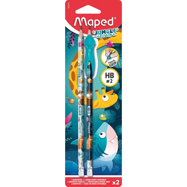 Coffret stylos - Maped - 2 crayons HB + guide doigt Jungle Fever