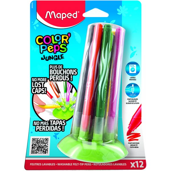 Coffret feutres - Maped - Color'Peps "Longue vie" 12 feutres lavables thme jungle avec capuchons innovants