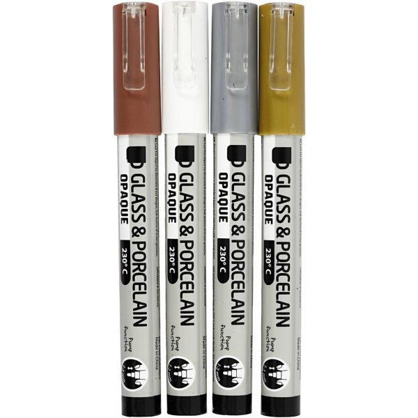 Marqueur pour verre et porcelaine - marron - or - argent - blanc - semi opaque - 1-2 mm - 4 pcs