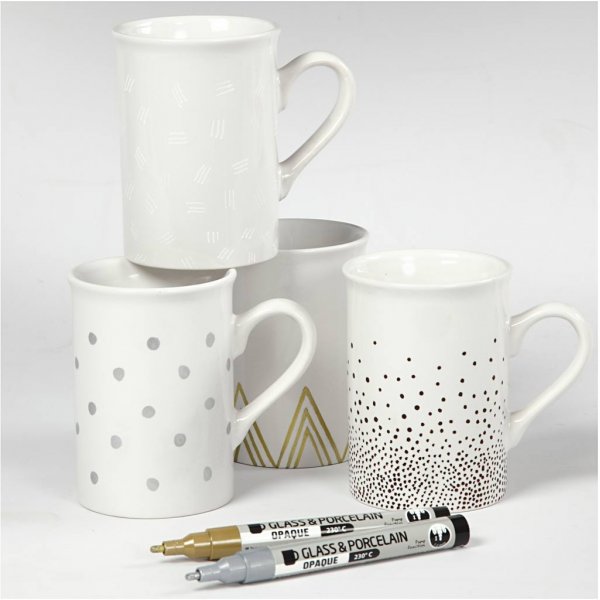 Marqueur pour verre et porcelaine - marron - or - argent - blanc - semi opaque - 1-2 mm - 4 pcs