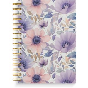 Carnet A5 à spirale, motif fleurs violettes, ligné Carnet A5 à spirale, motif fleurs violettes, ligné