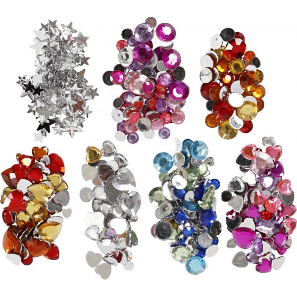 Strass en boîte - bleu - rose - argent - rond - étoiles - coeurs - Ø6+7+9+10+11+12+14+16 mm - 300 pcs Strass en boîte - bleu - rose - argent - rond - étoiles - coeurs - Ø6+7+9+10+11+12+14+16 mm - 300 pcs