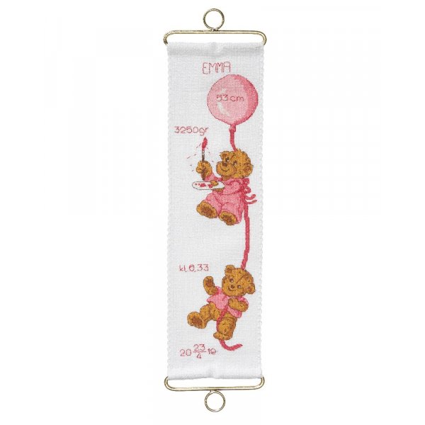Kit broderie Voile de naissance - Ours en peluche et ballon Fille