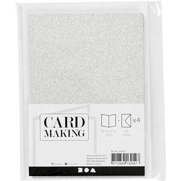 Cartes et enveloppes - argent - paillettes - 11,5 x 16,5 cm - 4 sets