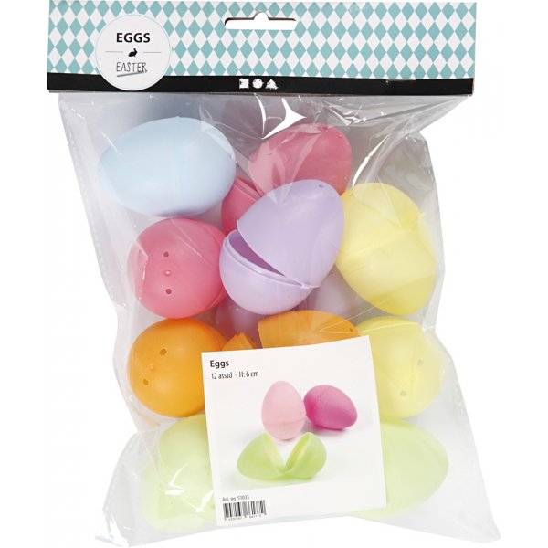Oeuf en plastique - 2 parties - couleurs pastel - H6 cm - 12 pcs Oeuf en plastique - 2 parties - couleurs pastel - H6 cm - 12 pcs