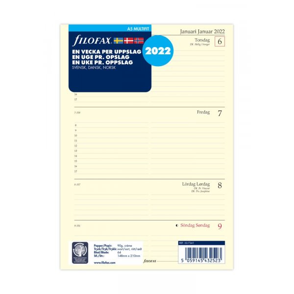 Recharge Pour Calendrier Systme A5 2022 - Semainier