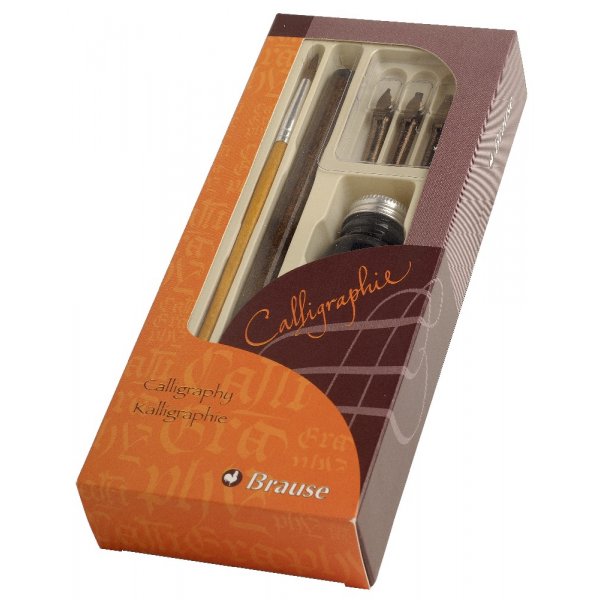 Le set de calligraphie avec manche, pinceau, 3 pingles et bouteille d\\\'encre de 10 ml