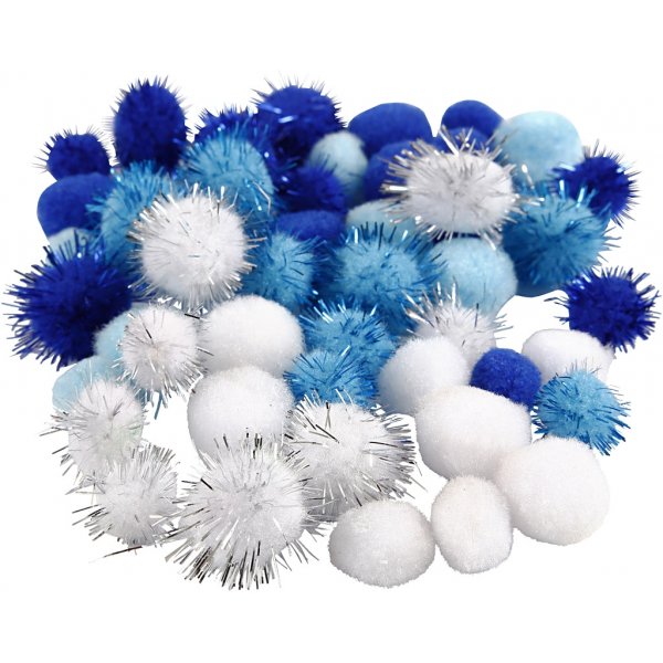 Pompons - bleu clair - bleu fonc - blanc - 48 pcs