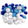 Pompons - bleu clair - bleu fonc - blanc - 48 pcs