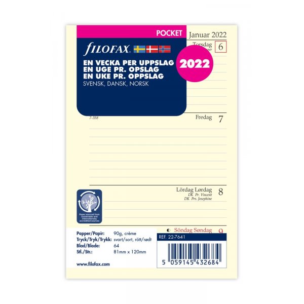 Recharge pour System Calendar Pocket 2022 - Semainier sudois/danois/norvgien