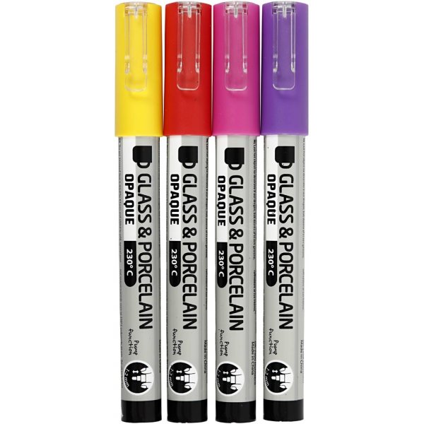 Marqueur pour verre et porcelaine - orange - violet - rouge clair - jaune - semi opaque - 1-2 mm - 4 pcs