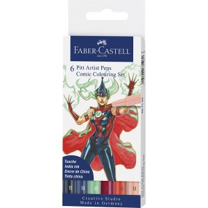 Coffret de stylos à dessin - Encre de Chine Faber-Castell Pitt Artist Pen Comic - 6 stylos de couleur Coffret de stylos à dessin - Encre de Chine Faber-Castell Pitt Artist Pen Comic - 6 stylos de couleur
