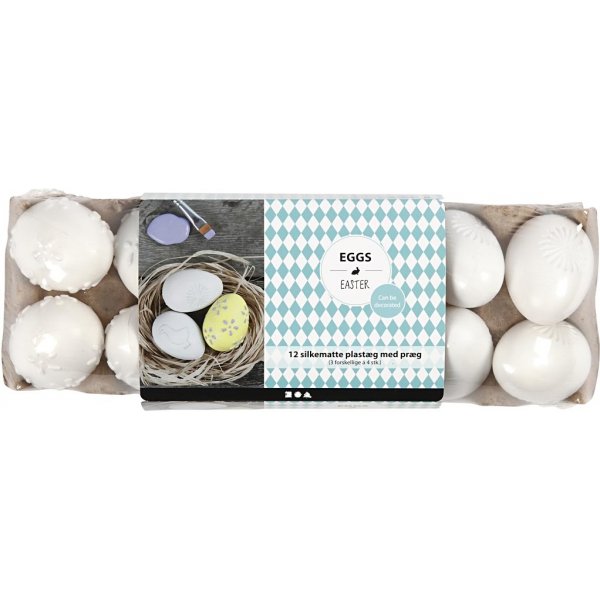 Oeuf en plastique - blanc - motif en relief - 12 pcs Oeuf en plastique - blanc - motif en relief - 12 pcs