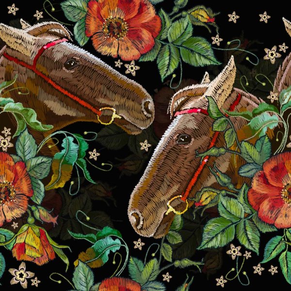 Tricot  motifs 150 cm - Broderie cheval noir