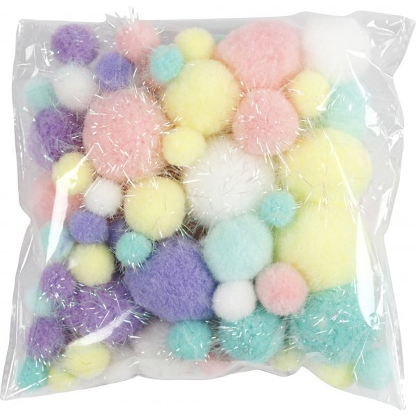 Pompons - couleurs pastel - paillettes - 62 g Pompons - couleurs pastel - paillettes - 62 g