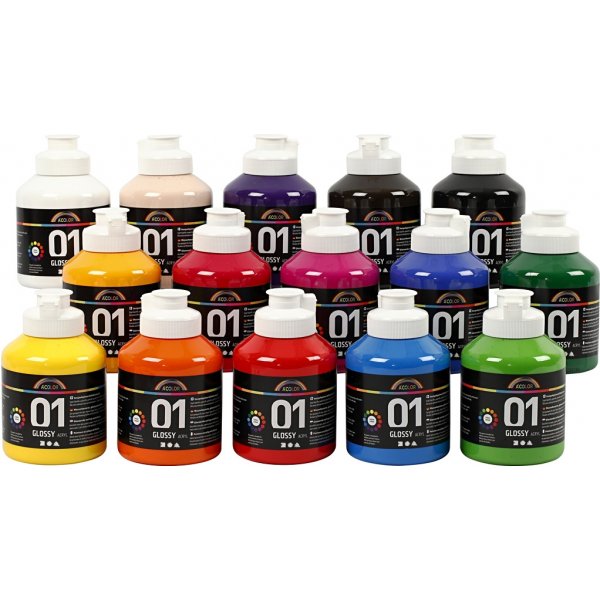 Peinture scolaire - Acrylique - couleurs mlanges - brillante - 15 x 500 ml