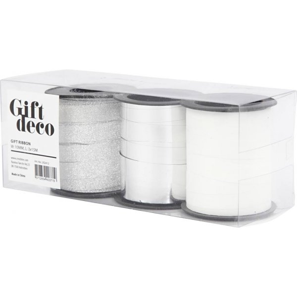 Cordon cadeau - argent - paillettes argentes - blanc - 3 x 15 m