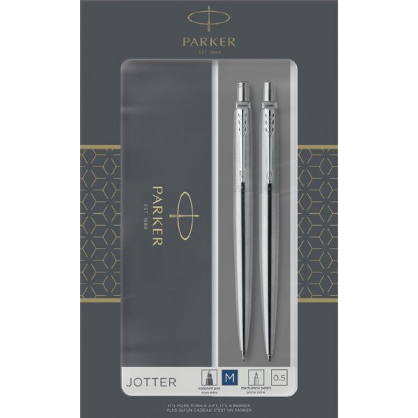 Set de stylos Parker Jotter - Duo set stylo  bille et stylo  pingle - Acier inoxydable - Garniture chrome