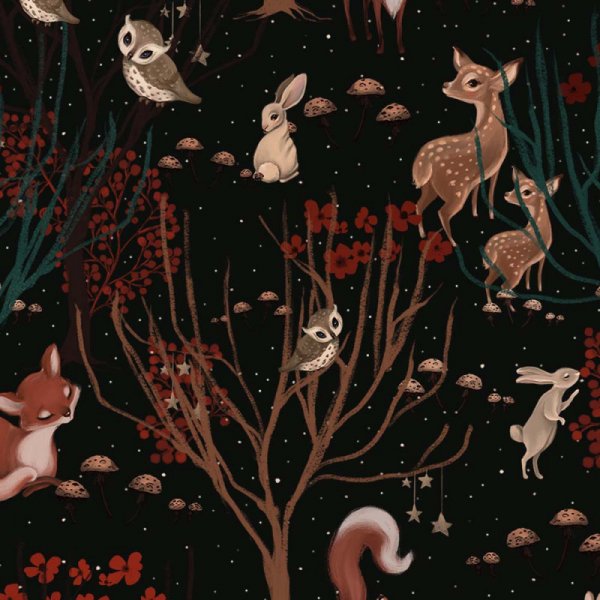 Tricot  motifs 150 cm - Cerfs et chouettes noir