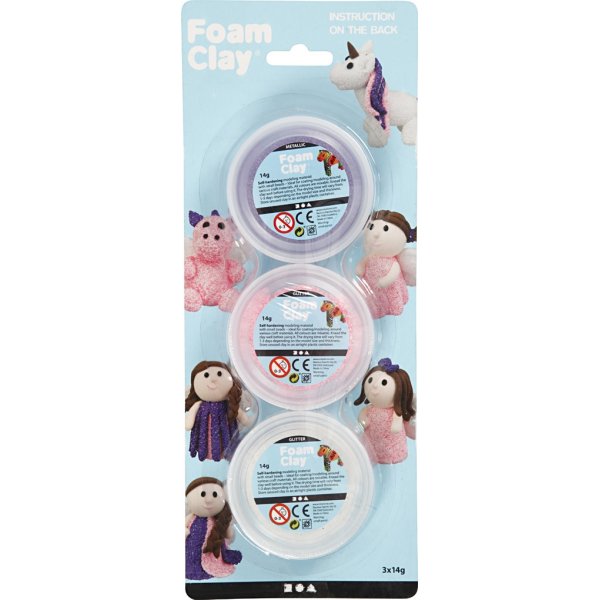 Foam Clay - rose - violet - blanc - paillettes, mtallises - 3 x 14 g
