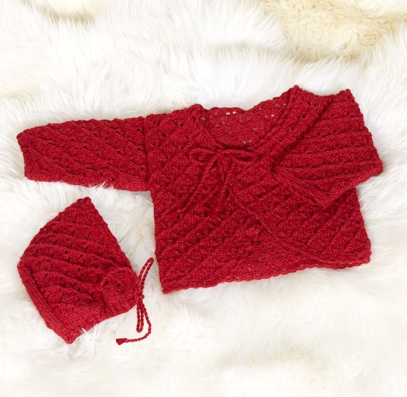 Patron tricot - Cardigan portefeuille + bonnet en motif dentelle et bord crocheté Patron tricot - Cardigan portefeuille + bonnet en motif dentelle et bord crocheté