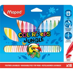 Coffret feutres - Maped - Color'Peps "Longue vie" 18 feutres lavables thème jungle Coffret feutres - Maped - Color'Peps "Longue vie" 18 feutres lavables thème jungle