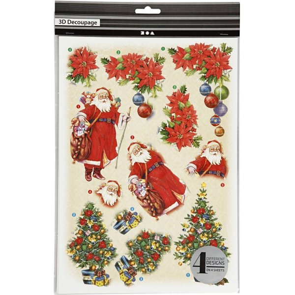 Motif 3D - Père Noël et étoiles de Noël - 4 feuilles Motif 3D - Père Noël et étoiles de Noël - 4 feuilles