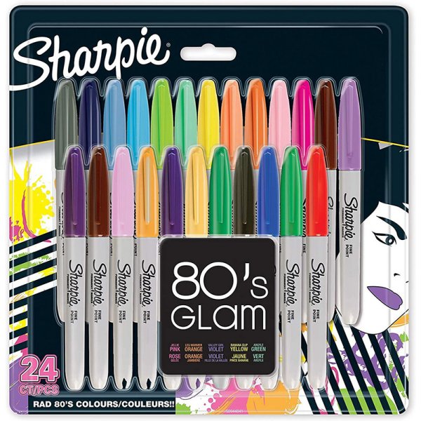 Ensemble de stylos fibre Sharpie - Marqueurs permanents Glam des annes 80 - Paquet de 24 couleurs non tries