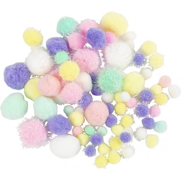 Pompons - couleurs pastel - paillettes - 62 g Pompons - couleurs pastel - paillettes - 62 g