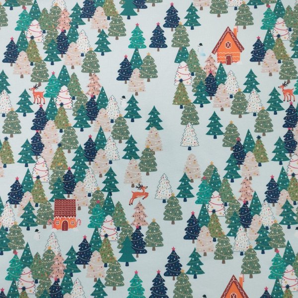 Jersey  motifs 145 cm - maisons en pain d\\\'pices - sapins - bleu clair
