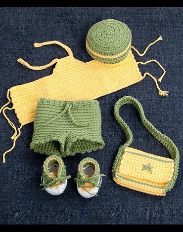 Patron au crochet - Haut, short, chapeau, sac et chaussures au crochet pour la poupe