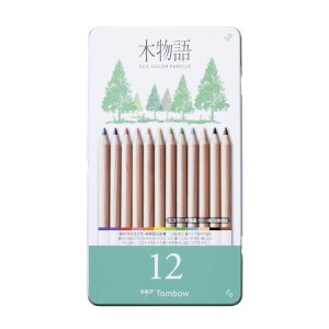 Crayons de couleur �cologiques Tombow Ki-Monogatari, bo�te m�tallique, paquet de 12