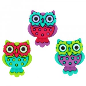 Boutons multicolores 21x25 mm - Hiboux rétro Boutons multicolores 21x25 mm - Hiboux rétro