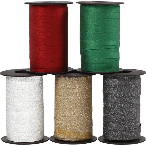 Cordon cadeau - couleurs mlanges - paillettes - 5 x 100 m
