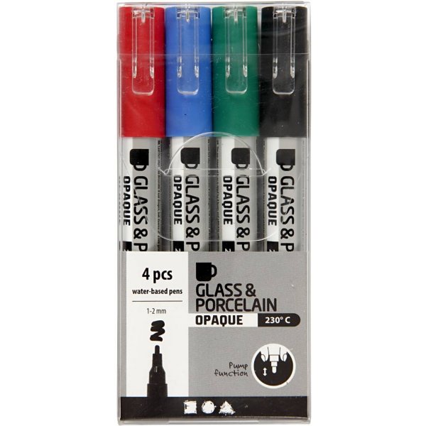 Marqueur pour verre et porcelaine - noir - bleu - vert - rouge - semi opaque - 1-2 mm - 4 pcs