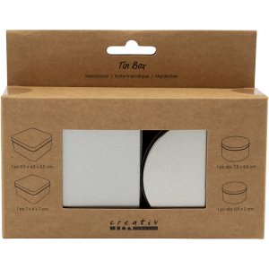 Bo�tes en m�tal gris, rondes et carr�es, lot de 4, 6,5-8,5 cm
