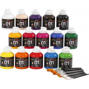 Peinture scolaire - Acrylique - sertie de pinceaux - couleurs mélangées - brillante Peinture scolaire - Acrylique - sertie de pinceaux - couleurs mélangées - brillante