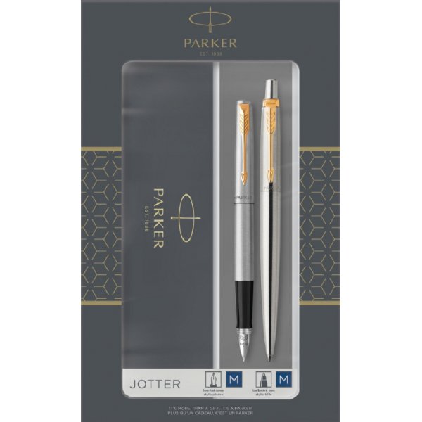 Coffret stylo Parker Jotter - Stylo bille et stylo plume Duoset - Acier inoxydable - Acier inoxydable bleu GT
