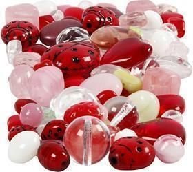 Perles en verre - couleurs mélangées - coccinelles - feuilles - coeurs - 60 g Perles en verre - couleurs mélangées - coccinelles - feuilles - coeurs - 60 g