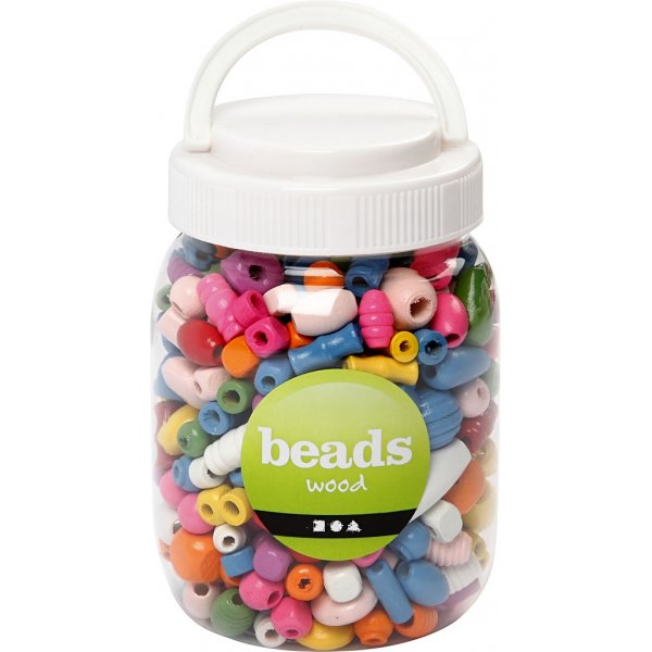 Perles en bois - moyennes - couleurs et tailles mlanges - 400 ml