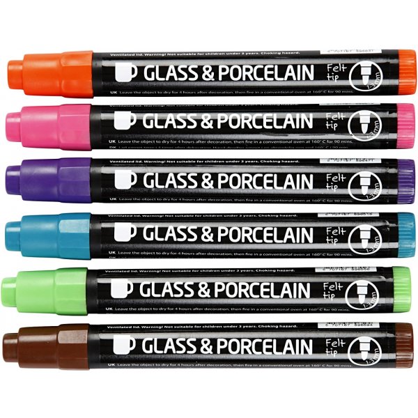 Feutres marqueurs pour verre et porcelaine - couleurs complmentaires - semi opaques - 6 pcs