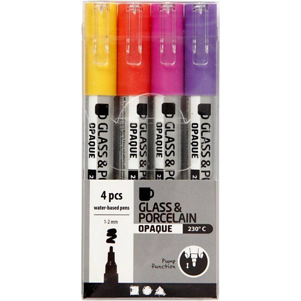 Marqueur pour verre et porcelaine - orange - violet - rouge clair - jaune - semi opaque - 1-2 mm - 4 pcs