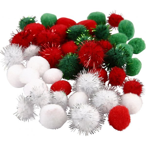 Pompons - vert - rouge - blanc - 48 pcs